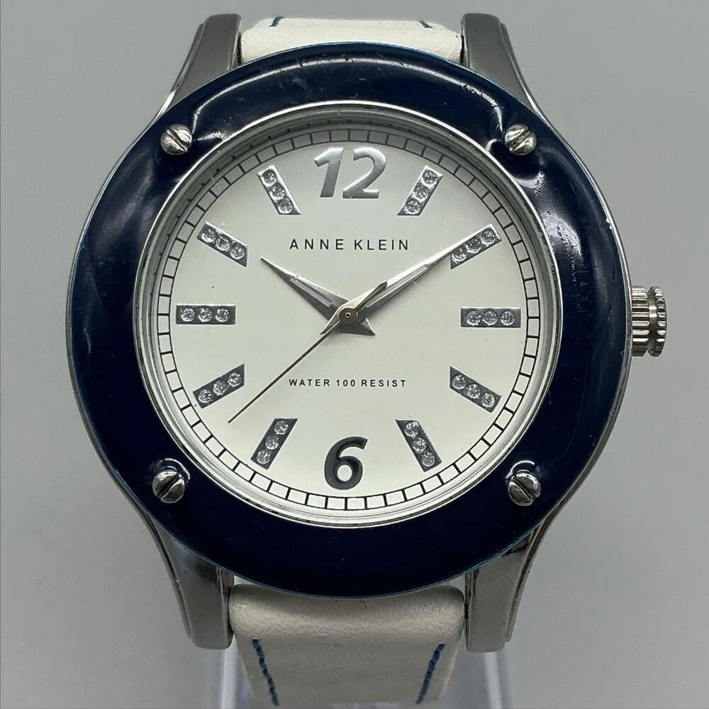 Anne Klein W5126 Womens Watch White Dial Blue Bezel White Leather New Battery